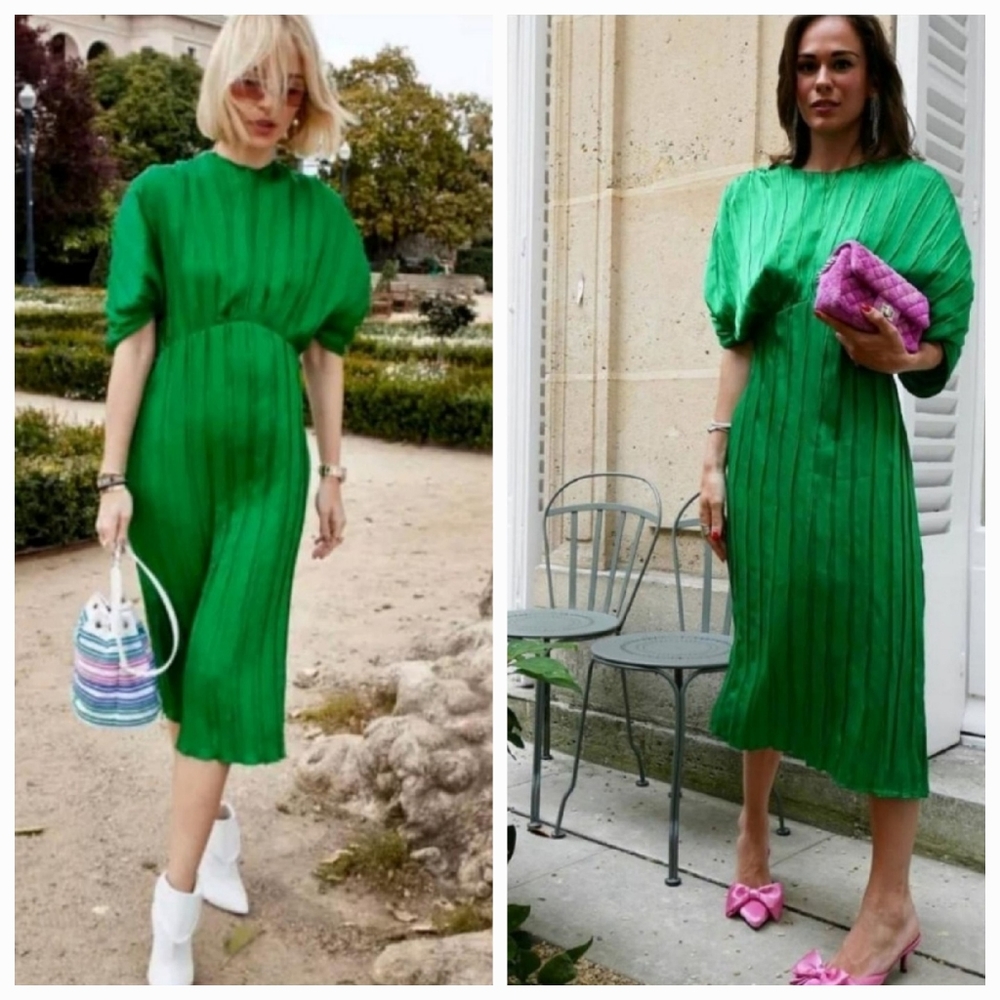 Zara Green Midi Dress S Pleated Voluminous Puff Sleeve Crew Neck Satin Flowy